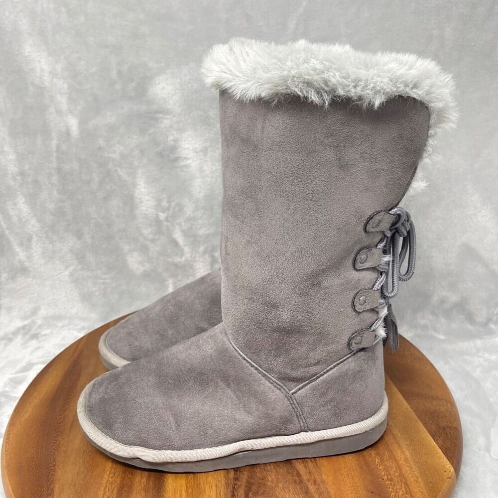 Rampage Boots Girls 4M Gray Faux Suede Soft Plush Fur Lined‎ Tall Fall Winter